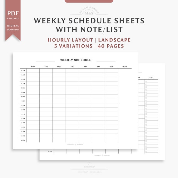 Weekly Schedule Sheets With Note/list Hourly Layout - Etsy