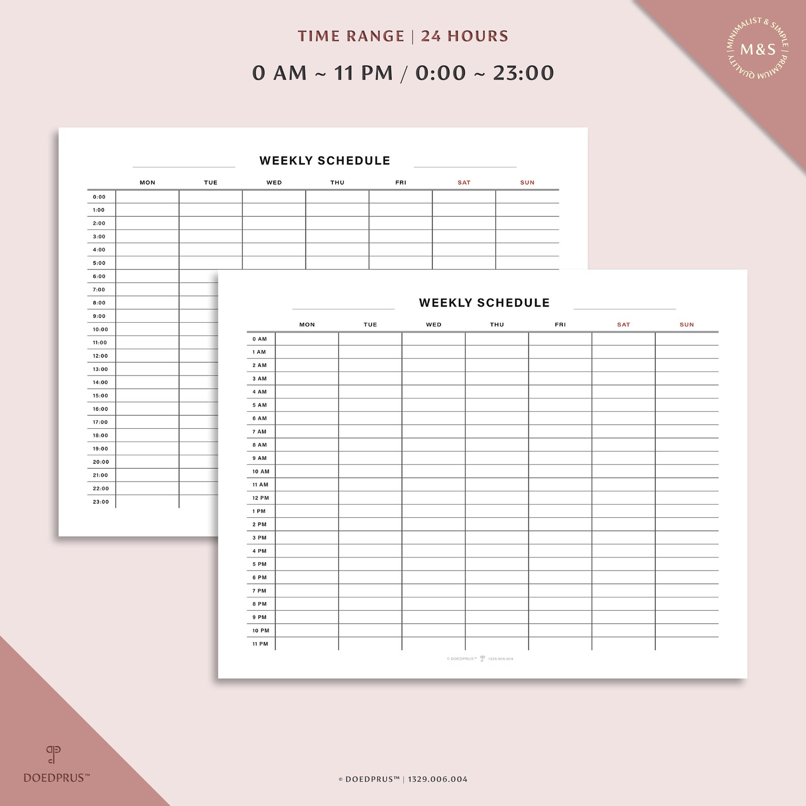 24 Hour Weekly Schedule Sheets, Hourly Layout, 12-hour/24-hour Time ...