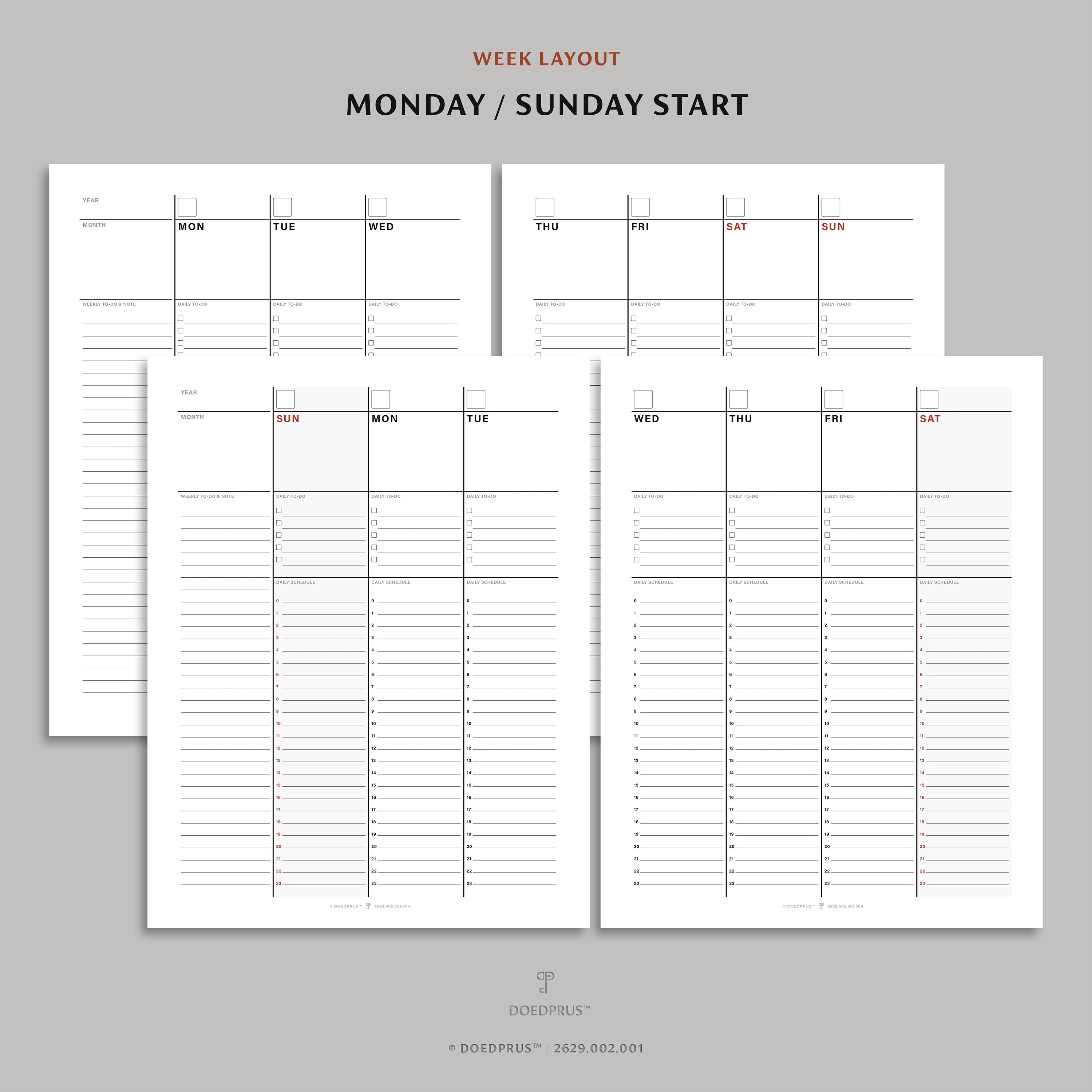 Vertical-layout Weekly Planning Sheets Portrait Undated 4 Variations ...