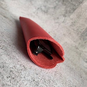 Puede incluir: Un estuche para gafas de cuero rojo con un par de gafas negras en su interior.