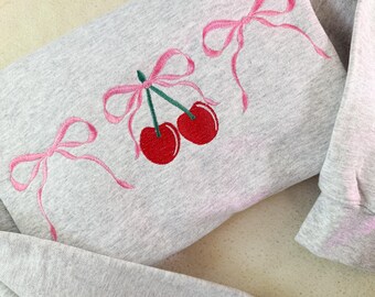 Cherry Bow Embroidered Sweatshirt: Cotton-Blend Pullover