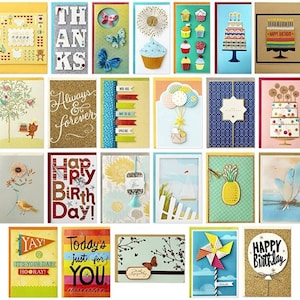 May include: Assortment of greeting cards with various designs and themes, including birthday, congratulations, and thank you. The cards feature colorful illustrations, glitter accents, and unique textures.