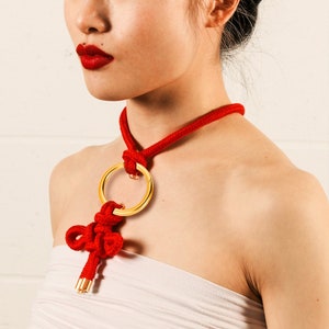 Shibari Rope Bondage Choker • Multiway Necklace • GOLD & SILVER • red or black •Japanese Samurai Knot Choker in Red • With Velvet Bag • LOH