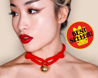 Rope Bell Choker • Maneki Neko • GOLD / SILVER & Red or Black • Magnetic • Adjustable • With Velvet Gift Bag • LOH