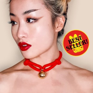 Rope Bell Choker • Maneki Neko • GOLD / SILVER & Red or Black • Magnetic • Adjustable • With Velvet Gift Bag • LOH