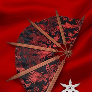 Decorative Fan • Asian Brocade Fan • Samurai Weapon Inspired • Gothic Kitana Cosplay Fan • Black, Red & Blue