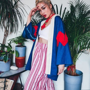 Boxing Martial Arts Combat Kimono • Cobalt Blue Denim red boxing wraps details • Unisex Genderless  • LOH
