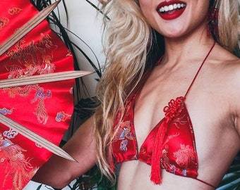 Asian Brocade Bikini Bralette • Red Gold Dragon & Phoenix
