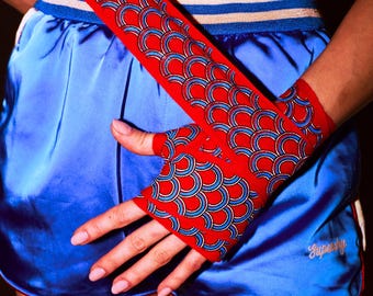 Asian Style Cotton Boxing Hand Wraps for Muay Thai Kickboxing • Red and Blue Dragon Scales Print • Seigaiha wave sea pattern • SAMPLE STOCK
