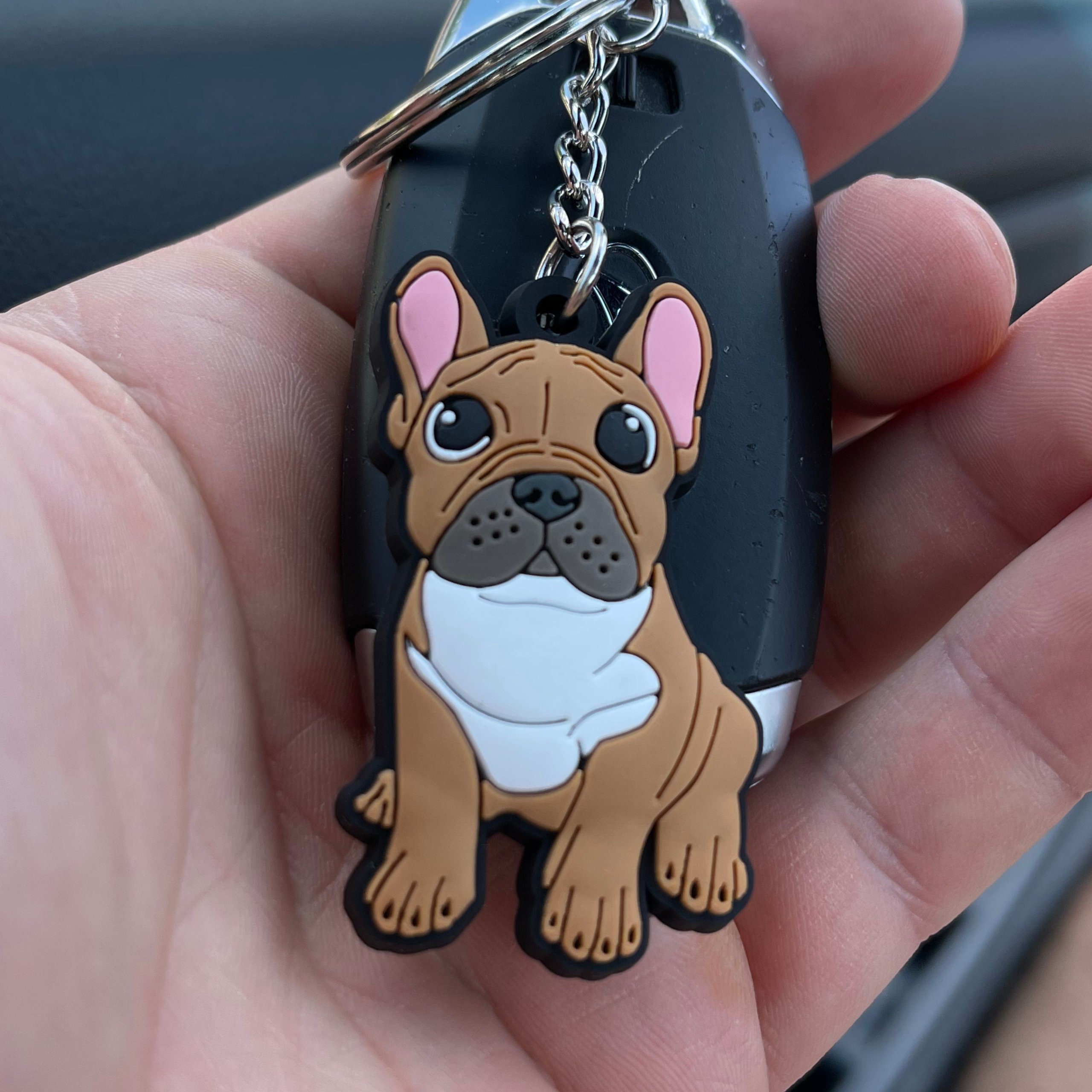 Frenchie Dog Keychain, Enamel Keyring, Pink Crown Dog with Fishnet