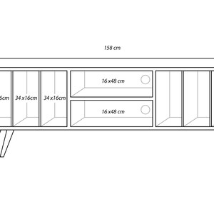 Pode incluir: Um desenho a preto e branco de um aparador de TV com seis compartimentos, duas prateleiras e quatro pernas. O aparador tem 158 cm de largura, 40 cm de profundidade e 38 cm de altura. As prateleiras t&ecirc;m 16 cm por 48 cm. Os compartimentos t&ecirc;m 34 cm por 16 cm.