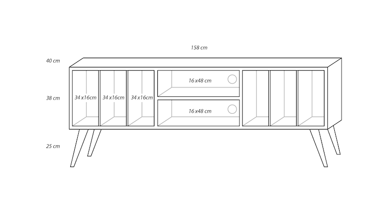Pode incluir: Um desenho a preto e branco de um aparador de TV com seis compartimentos, duas prateleiras e quatro pernas. O aparador tem 158 cm de largura, 40 cm de profundidade e 38 cm de altura. As prateleiras t&ecirc;m 16 cm por 48 cm. Os compartimentos t&ecirc;m 34 cm por 16 cm.
