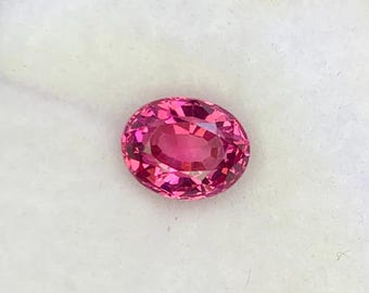 May include: A faceted, oval-shaped, hot pink gemstone. The gem is set against a white background. The stone has a brilliant cut, reflecting light and showcasing its vibrant colour. This gemstone is likely for jewellery.