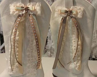Cowgirl Boot Bows - Wedding Boot Bows in Vintage Creams and Browns, Stars and A Wisp of Turquoise, Megan Concert Bows, Trending