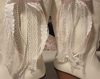 Cowgirl Boot Bows - Boot Bows in Pink and White Ribbon & Lace, Megan Concert Bows, Trending