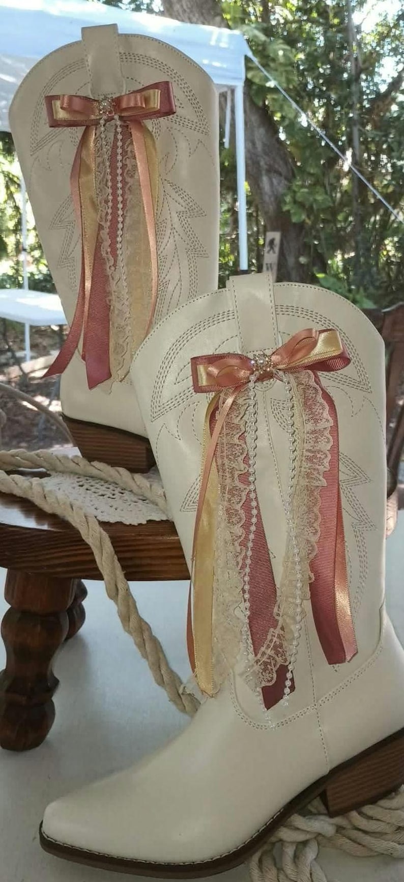 Boot Rivbons For Megan Cowgirl Boot Bows - Wedding Boot Bows in Vintage Creams and Light ...