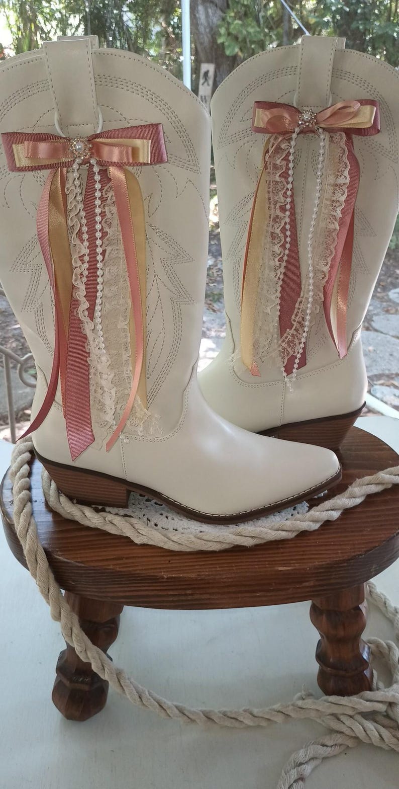 Boot Rivbons For Megan Cowgirl Boot Bows - Wedding Boot Bows in Vintage Creams and Light ...