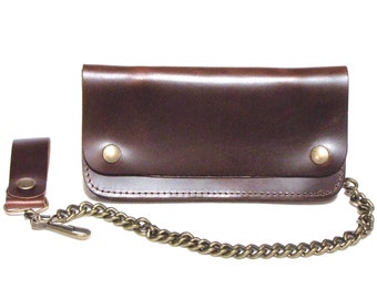 Long 7" Leather Biker Chain Wallet || Snap Wallet || Antique Brass Snaps and Chain