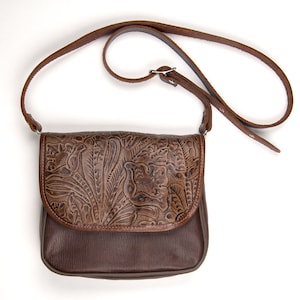 Brown Floral Embossed Leather Crossbody Bag | Made in USA