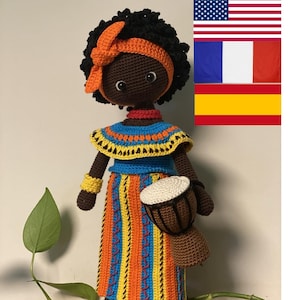 Crochet Pattern Doll Maya - Amigurumi - Traditional African Girl - Black Doll - English - Spanish - French - Big Doll