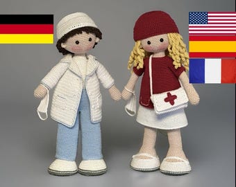 Schema per bambole all'uncinetto Dottore e Infermiera - Inglese - Spagnolo - Francese - Tedesco - Amigurumi - Bambola grande - Bambola realistica