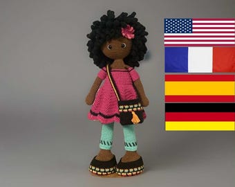 Modello all'uncinetto per la bambola Nina - Amigurumi - Bambola africana - Bambola nera - Inglese - Spagnolo - Francese - Tedesco - Bambola grande