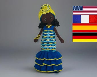Modello all'uncinetto per bambola Asha - Amigurumi - Bellezza africana - Bambola nera - Inglese - Spagnolo - Francese - Tedesco - Bambola grande - Bambola realistica