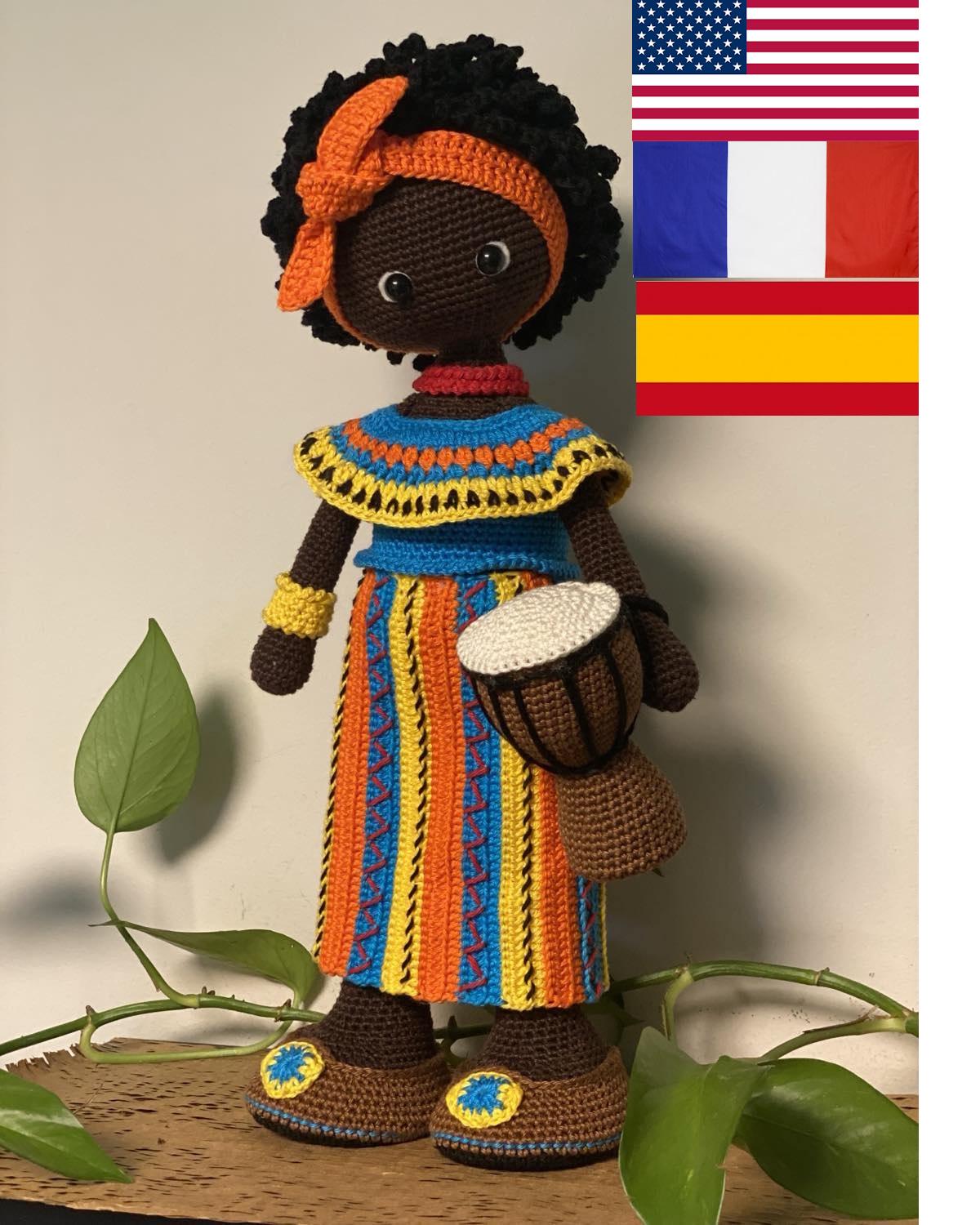 Crochet Pattern Doll Maya - Amigurumi - Traditional African Girl - Black Doll - English - Spanish - French - Big Doll