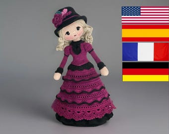 Bambola vittoriana Clara Modello all'uncinetto Amigurumi Inglese Spagnolo Francese Tedesco Grande bambola Bambola realistica