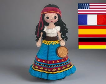 Bambola Esmeralda - Schema per uncinetto Amigurumi - Bambola zingara - Inglese - Spagnolo - Francese - Tedesco - Bambola grande - Bambola realistica