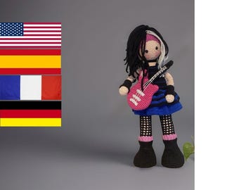 Modello all'uncinetto per bambola Midnight - Bambola Punk Rock - Chitarra - Amigurumi - Inglese - Spagnolo - Francese - Tedesco - Bambola grande - Bambola realistica