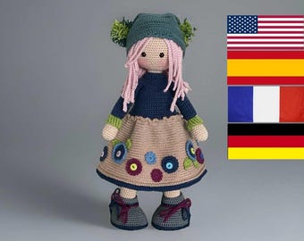 Modello all'uncinetto per bambola Indi - Amigurumi - Inglese - Spagnolo - Francese - Tedesco - Bambola grande - Bambola realistica