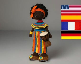 Modello all'uncinetto per bambola Maya - Amigurumi - Ragazza africana tradizionale - Bambola nera - Inglese - Spagnolo - Francese - Tedesco - Bambola grande