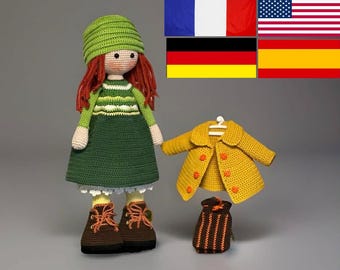 Schema per bambola all'uncinetto Autunno - Amigurumi - Inglese - Spagnolo - Francese - Tedesco - Bambola grande - Uncinetto creativo - Schema per bambola imbottita