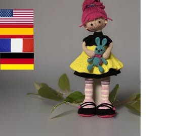 Schema per bambola di Pasqua all'uncinetto Luna con coniglietto - Amigurumi - Inglese - Spagnolo - Francese - Tedesco - Bambola grande - Bambola realistica