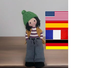 Modello all'uncinetto per bambola Samy - Amigurumi per bambino - Inglese - Spagnolo - Francese - Tedesco - Bambola grande - Bambola realistica