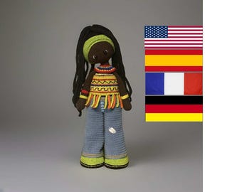 Schema per realizzare all'uncinetto la bambola Zahra - Amigurumi - Ragazza afroamericana - Bambola nera - Inglese - Spagnolo - Francese - Tedesco