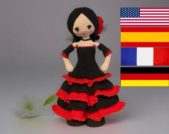 Bambola Lola Schema all'uncinetto Ballerina di flamenco Inglese Spagnolo Tedesco Francese Amigurumi