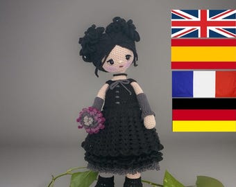Gothic Doll Ava Crochet Pattern Amigurumi English Spanish French German Big Doll Realistic Doll