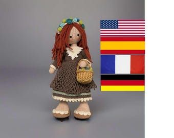 Modello all'uncinetto per bambola Flora - Amigurumi - Inglese - Spagnolo - Francese - Tedesco - Bambola grande - Bambola realistica