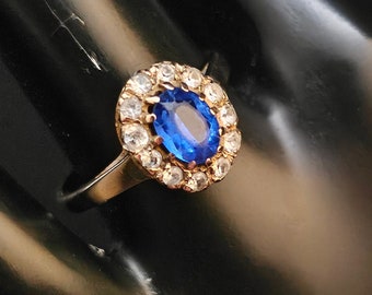 Anello vintage in oro 9 carati con zaffiro e pietra bianca, circa 1980