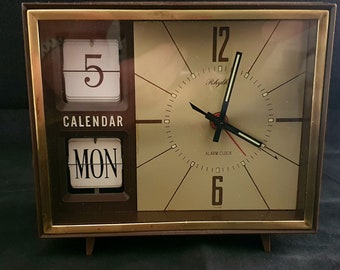 Vintage Rhythm Alarm Calendar Clock, Japan, circa 1960, Fully Service and Working