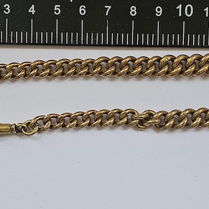 Può includere: Una catena da orologio da tasca dorata con una barra a T e un fermo girevole. La catena è lunga circa 25 cm ed è disposta su un righello.