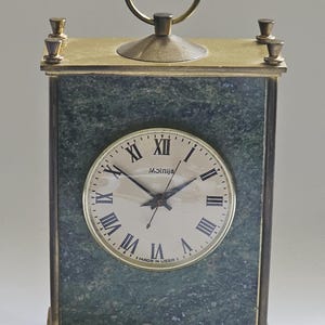 Molnija &quot;Tank&quot; Clock in Brass and Green Marble, Serviced and in Full Working Order, c. 1960-1970