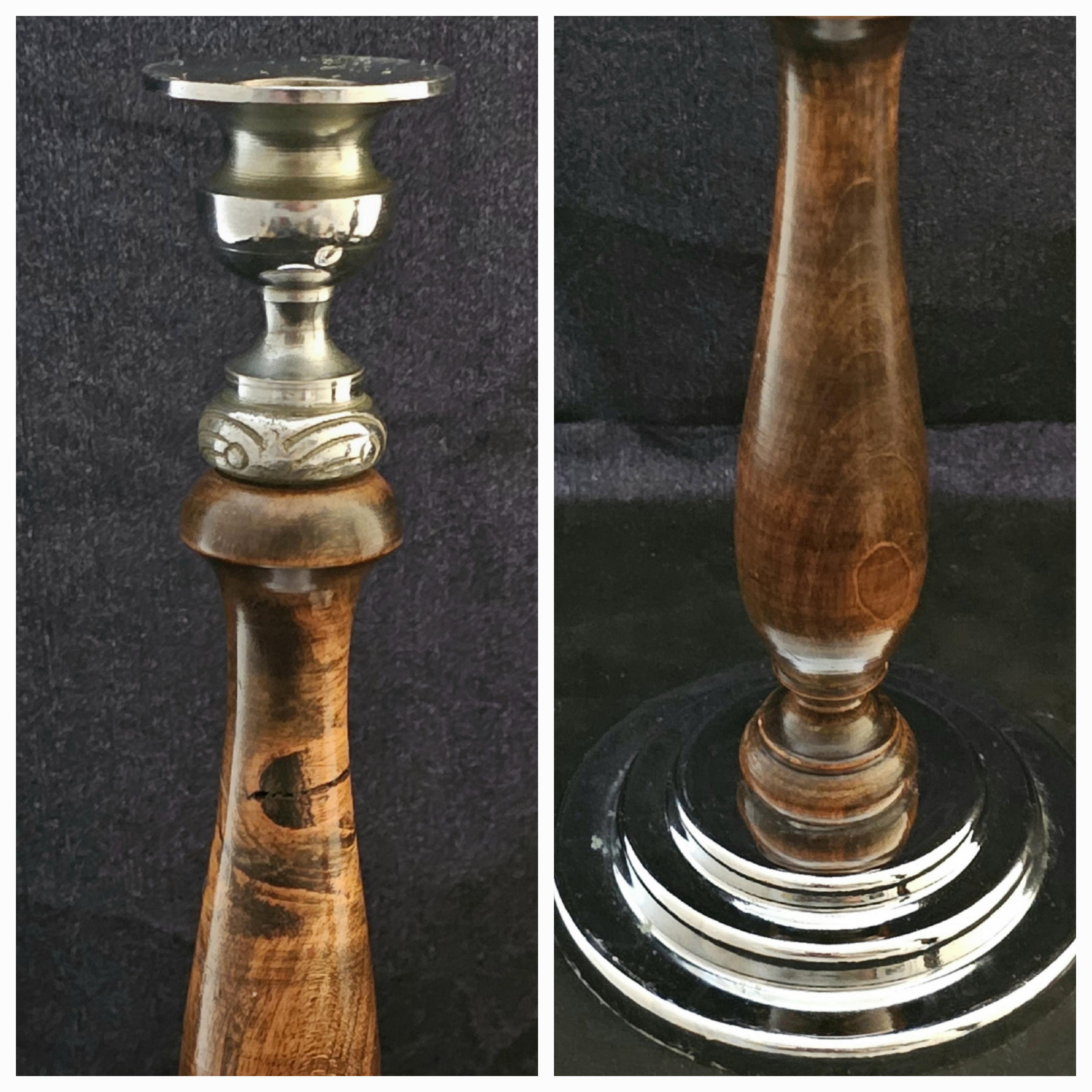 A Pair of Art Deco Oak and Chrome Candlesticks,  11 inches or 280mm high, circa 1930