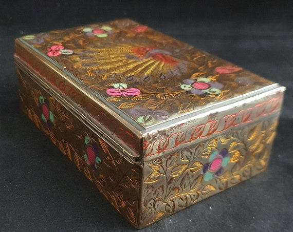 Brass Trinket Box with Copper Inlay, Peacock Deco… - image 4