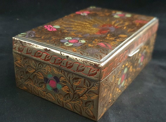 Brass Trinket Box with Copper Inlay, Peacock Deco… - image 1