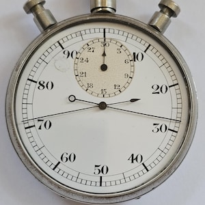 Nietypowy mechaniczny dziesiętny laboratoryjny timer lub stoper, Rattrapante lub Split Seconds, niepodpisany, połowa XX wieku