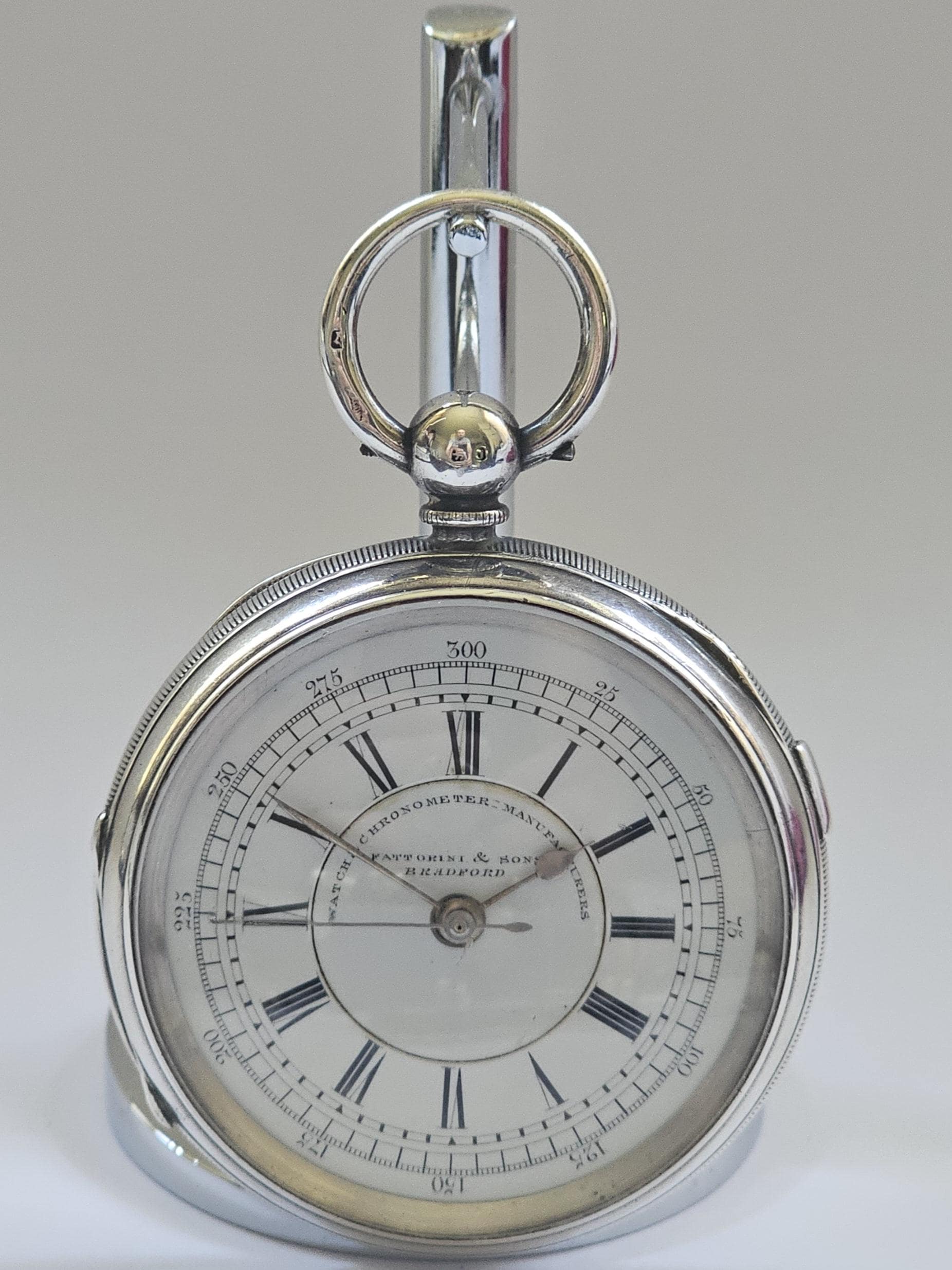 Sterling Silver Pocket Watch Chronograph, Fattorini, Bradford