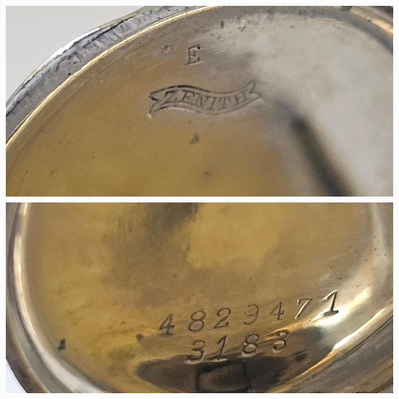 Op de afbeelding: Close-up van de binnenkant van een gouden zakhorloge met de inscriptie "ZENITH" en de nummers "4829471 3183".